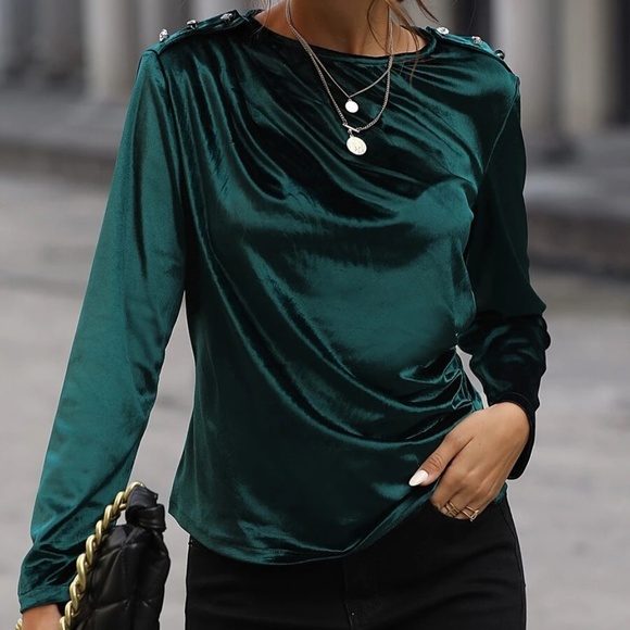 Luxe Button Ruched Satin Blouse - Picture 2 of 4